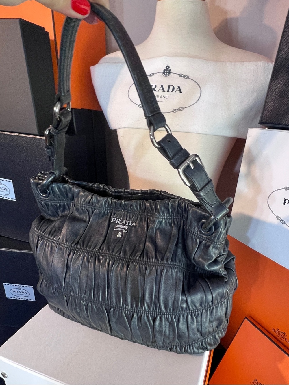 Prada BlackDark Gray Ruched Leather Hobo Bag! ⭐️⭐️Offers are always welcome! - Picture 8 of 15